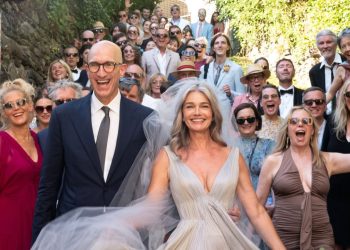 Paulina Porizkova Wore a Pleated Dress Inspired by Water for Her Lakeside Italian Wedding to Jeff Greenstein