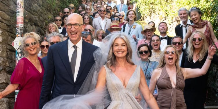 Paulina Porizkova Wore a Pleated Dress Inspired by Water for Her Lakeside Italian Wedding to Jeff Greenstein